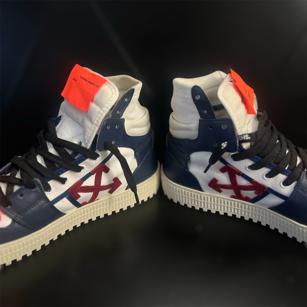 Off-White Dark Blue and White High Top Sneakers - Picture 3 of 9